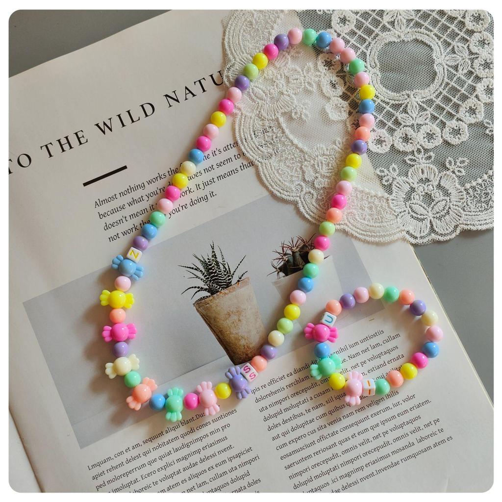 Korean Cartoon Kids' Candy Color Beaded Necklace & Bracelet Set with Flower Bowknot & Hanger