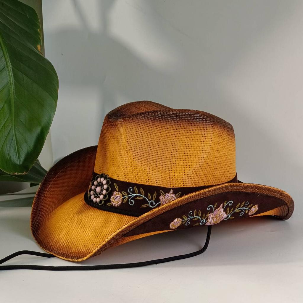 Western Cowboy Embroidered Straw Hat with Accessories Unisex Suitable for Rodeo Performances and Cowgirl Attire Gorro Cowboy