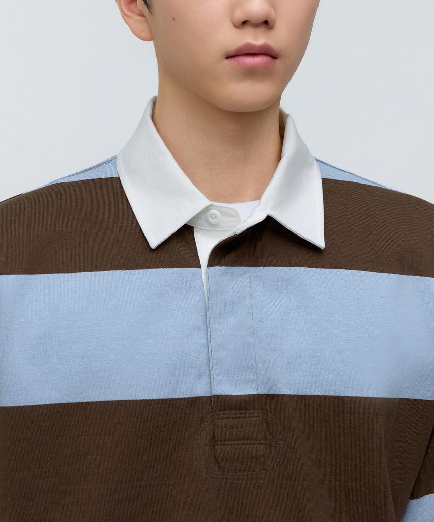 MUSINSA STANDARD Relaxed Striped Rugby Shirt [Brown/Light Blue]