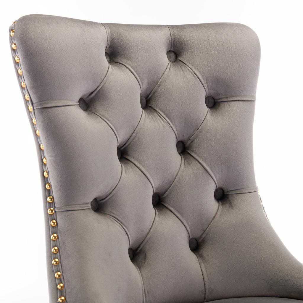 A&A Furniture, Colección Nikki Silla de Comedor Terciopelo Madera Maciza Acolchada con Patas Doradas Chapadas, Ribete de Tachuelas, Juego de 2, Gris y Dorado, DE1601GY