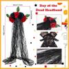 Mexicans Day of The Deads Costume Halloween Sugar Skull Roses Temporary Tattooed Veil Headpiece Lace Gloves Earrings