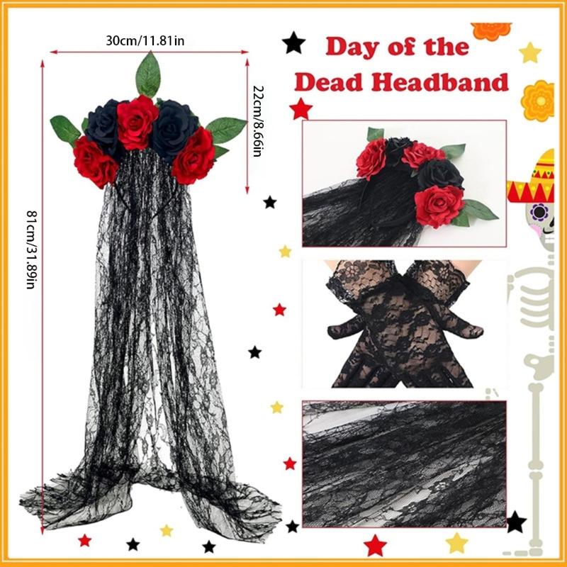 Mexicans Day of The Deads Costume Halloween Sugar Skull Roses Temporary Tattooed Veil Headpiece Lace Gloves Earrings