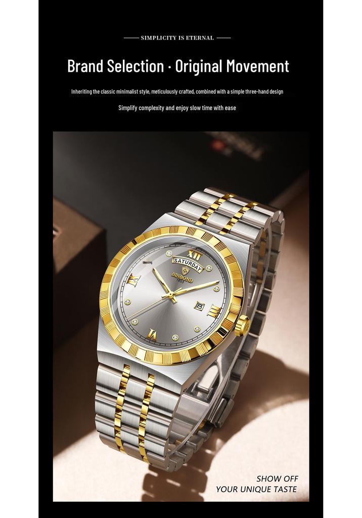 BINBOND Luxury Ultra-Thin Men's Quartz Watch, Rhinestones, Waterproof, Luminous Double Calendar Wristwatch.