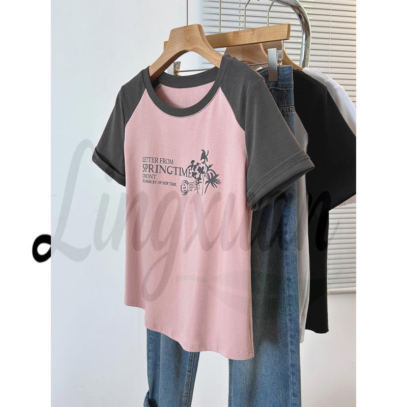 2026 Women s Plus Size Color Block Letter Print Raglan Sleeve Slim Fit T-Shirt 2XL