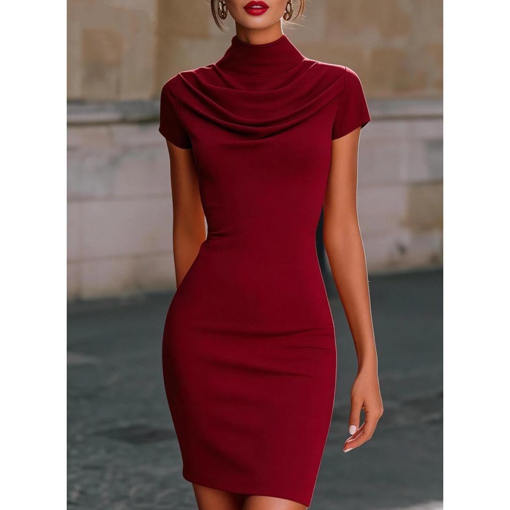 2026 Elegant Cowl Neck Bodycon Mini Dress for Women, Short Sleeve High Neck Slim Fit Party & Casual Wear