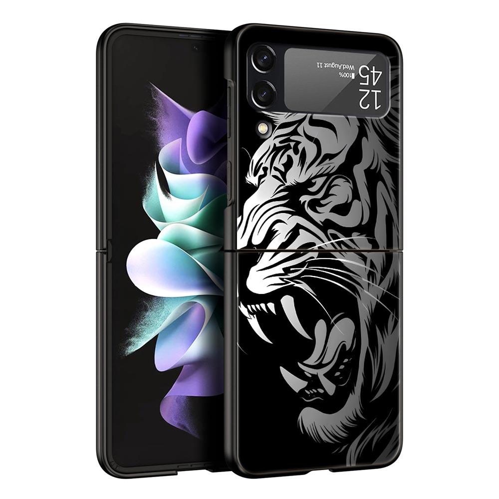 Phone Case for Samsung Galaxy Z Flip 3 4 5 6 7 Folding Black Shell For Samsung Z Flip4 Flip5 PC Hard Cover Animal White Tiger