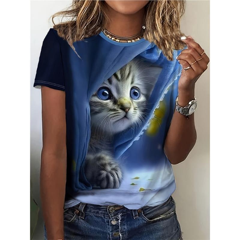 Summer Casual Women's T Shirt Cartoon Cute Cat Printed O Neck Short Sleeve Women's Outdoor Loose TShirt Tops Elegant Clothing