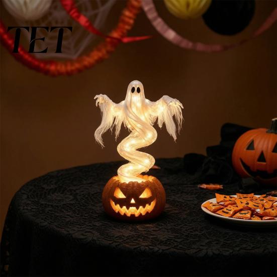 Spooky Desk Sculpture for Home Ghost Pumpkin Yard Lamp, Halloween Resin Figurine with Warm LED Light, Decorations Swirling On Base, Tabletop