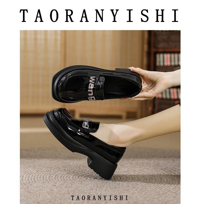 Thick-soled Small Leather Shoes for Women's Spring New Versatile Rhinestone Pearl Niche Women