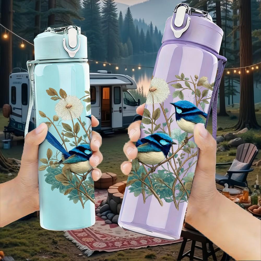 1PC Blue Bird Floral Botanical Print 750ml Color Plastic Sports Water Bottle Leakproof Flip Straw Lid Suitable for Sports Office Home Use