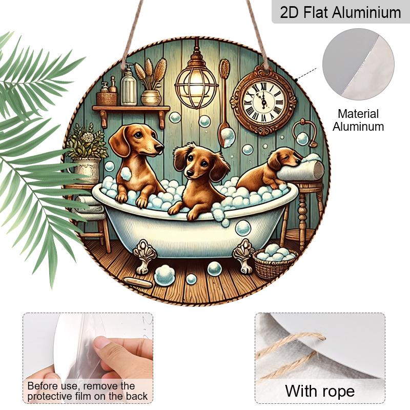 2D Flat 1pc, Bathing Dog Theme Design, Flat Printed Aluminum Metal Signs, Circular Iron Hanging Picture, 8x8 Inch Wall Decoration, Bar, Cafe, Club
