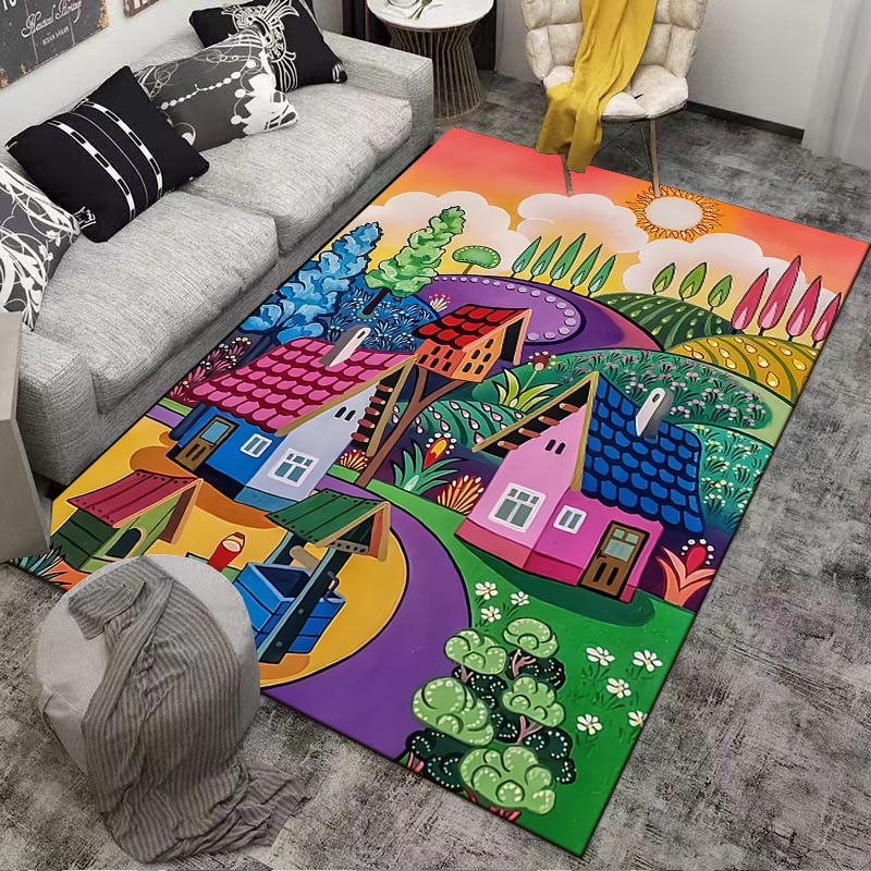 Colorful Fairy Tale Village Landscape Printed Carpet Rug Decor Suitable for Use As an Anti-slip for Living Room Bedroom Sofas