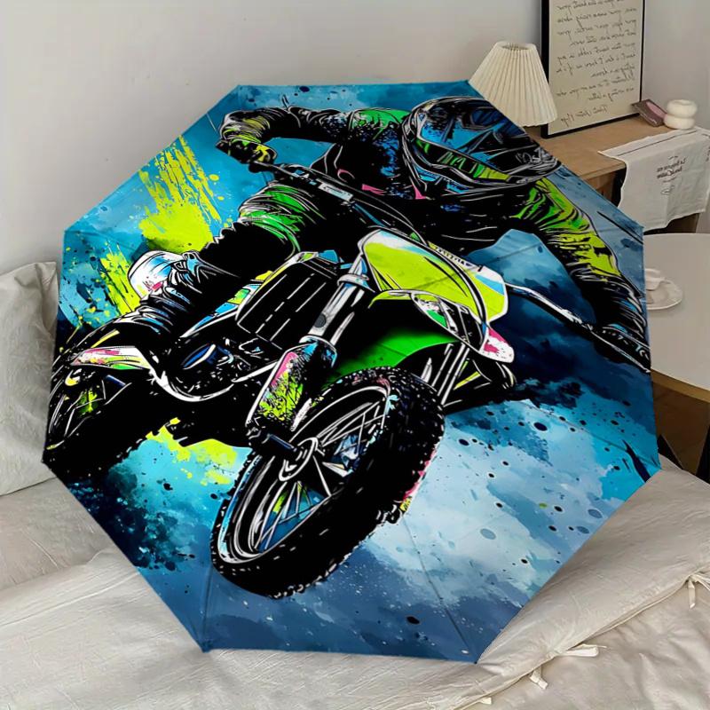 Motocross Rider Splash Art Print Umbrella - Automatic Opening & Closing, Portable Folding Design, 8-Rib Iron Frame, Outdoor Rain Gear, Ideal