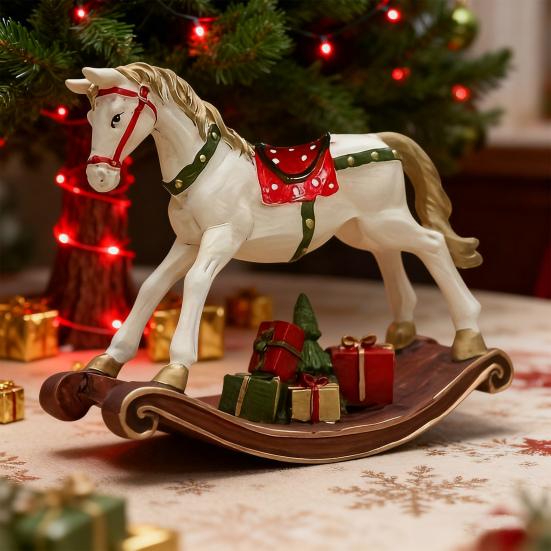 Hand-painted Rocking Horse Statue Vintage Wooden Horse Figurine Resin Pony Sculpture Home Office Desktop Decoration