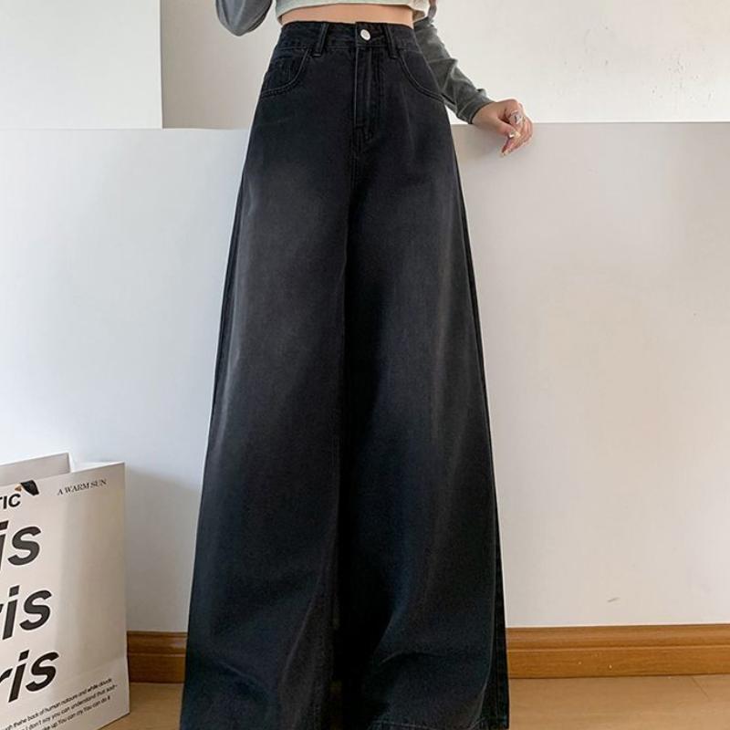 Damen Herbst Schwarz Grau Weitbeinjeans High Waist Locker Lässig Vielseitig Gewaschen Gerades Bein Bodenlang Trendige Hose