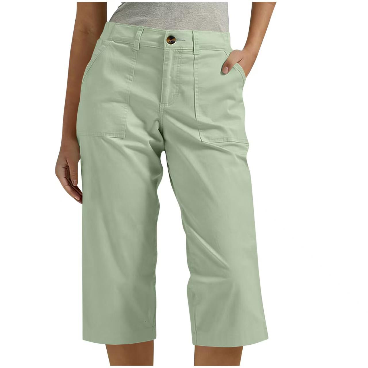 

Women s Solid Color Elastic Waist Cargo Cropped Pants with Pockets Large жёлтый/зелёный