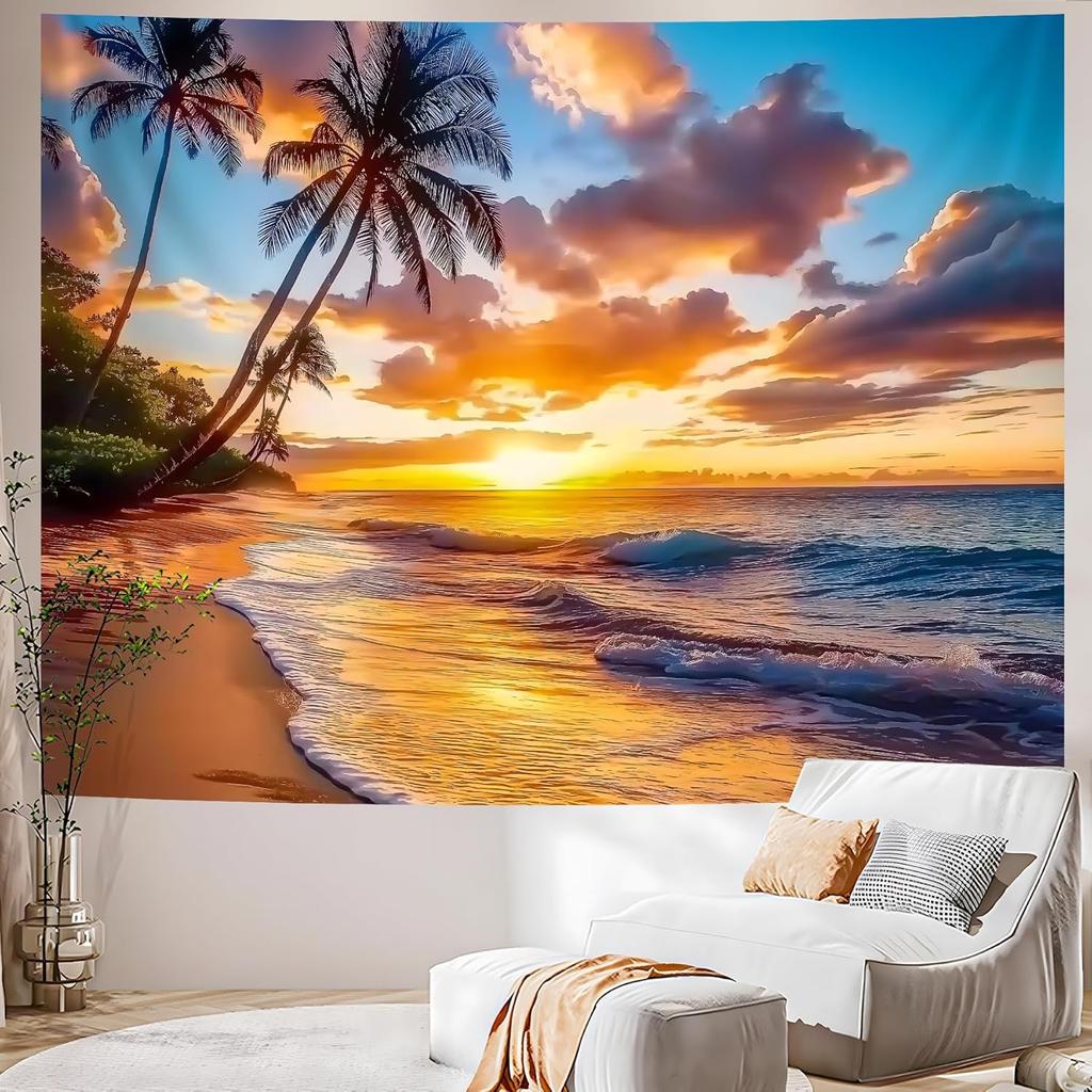 AOHMPT Ocean Sunset Tapestry, Beach Evening Sunset Tapestry, Natural Beach Palm Tree Landscape Poster, Seaside Landscape Wall Hanging for Bedroom,