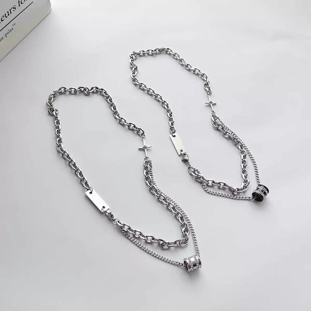 New Double Layer Stacked Diamond-Studded Lucky Bead Titanium Steel Necklace for Men Hip-Hop Trendy Cool High-End Clavicle Chain Versatile Accessory