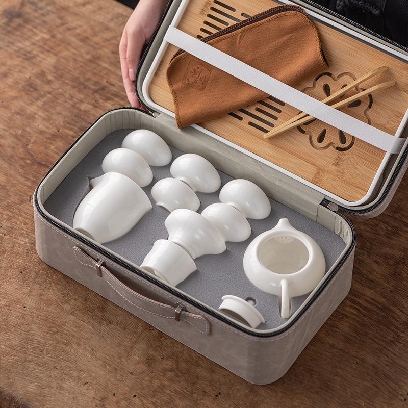 

Suet Jade Porcelain Travel Kung Fu Tea Set Portable Kuaike Teapot Teacup Tea Tray Bank Business Holiday Gifts
