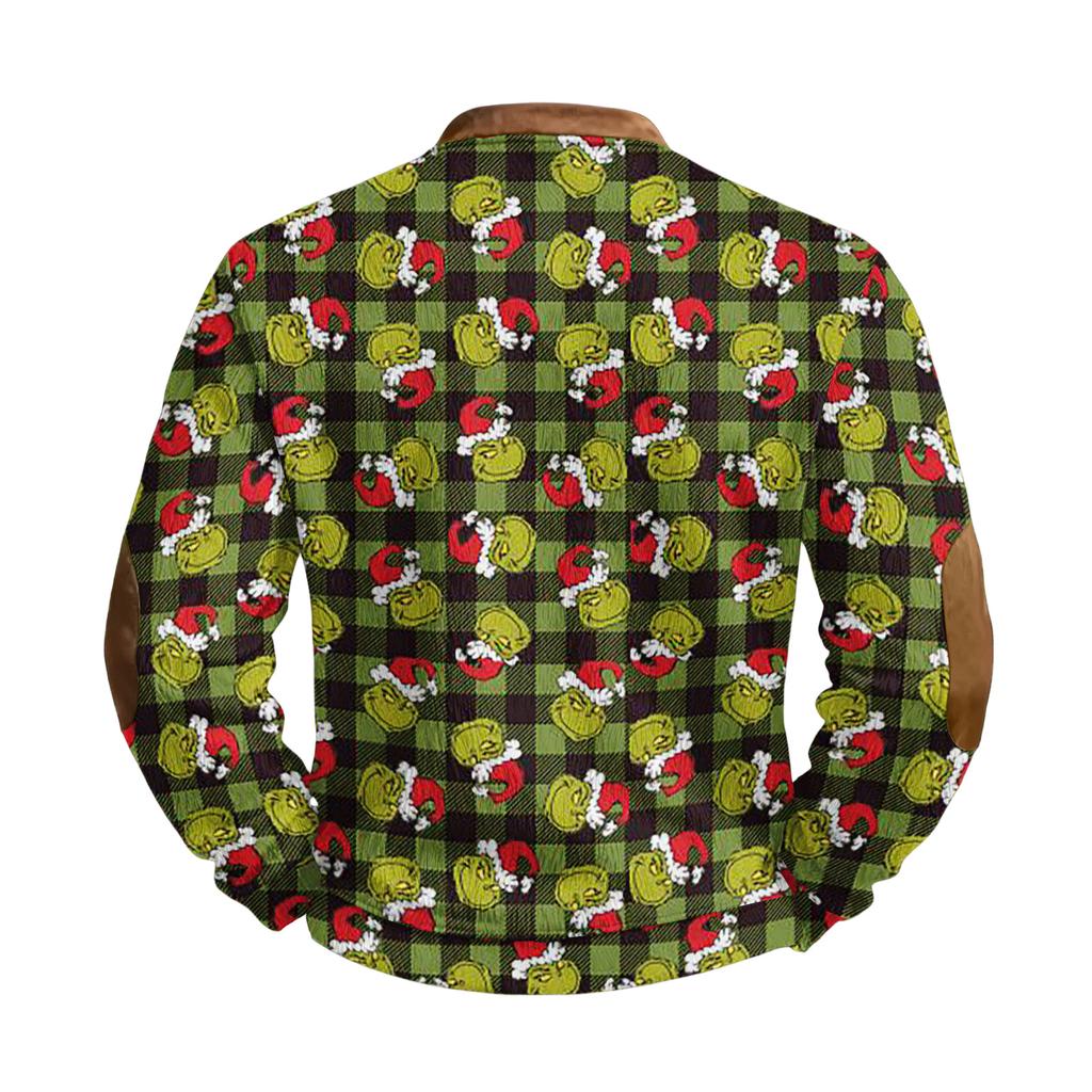 Men's Casual Cartoon-printed Semi-zipper Flannel Retro Long-sleeved Sweatshirt