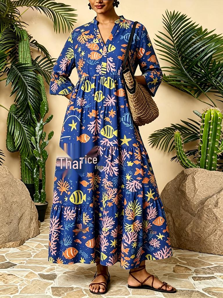 Plus Size Bohemian V-neck Long Dress - Spring/Summer European American Ethnic Style