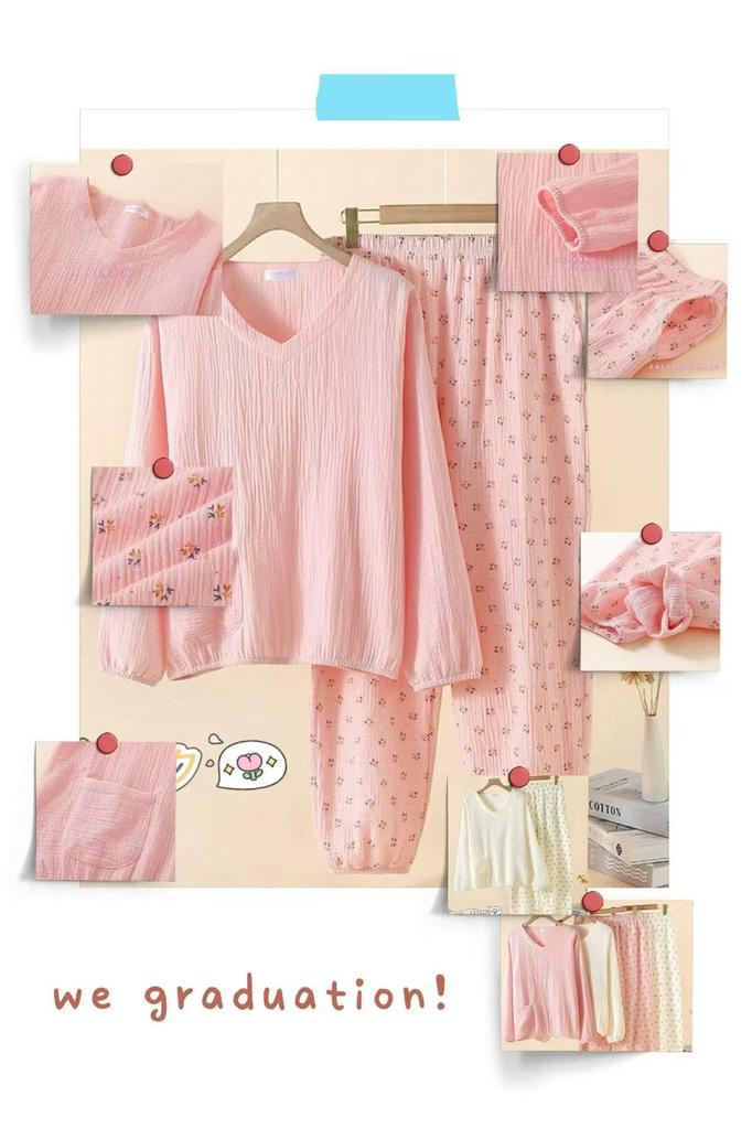 Marshmallow Double Comfortable Loungewear Salmon Women's Spring/Summer Pajamas, 100% Cotton, Gauze, V-Neck, Moisture-Wicking, Quick-Drying, Sleepwear,