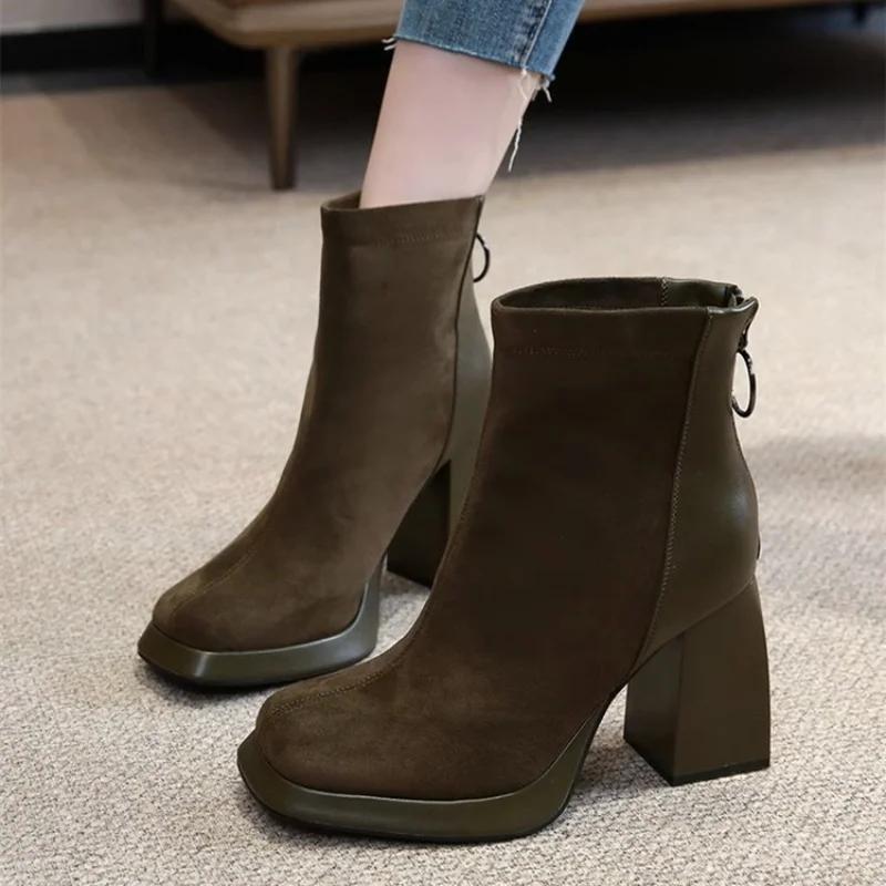 Fashion 2024 Autumn New Korean Fashion Round Head Zipper Women's Thick Bottom Square Toe Boots