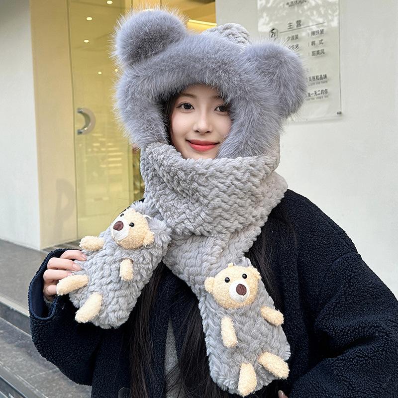 Hat thickened warm three-in-one women's winter new scarf gloves integrated fluffy cute bear three-piece set
