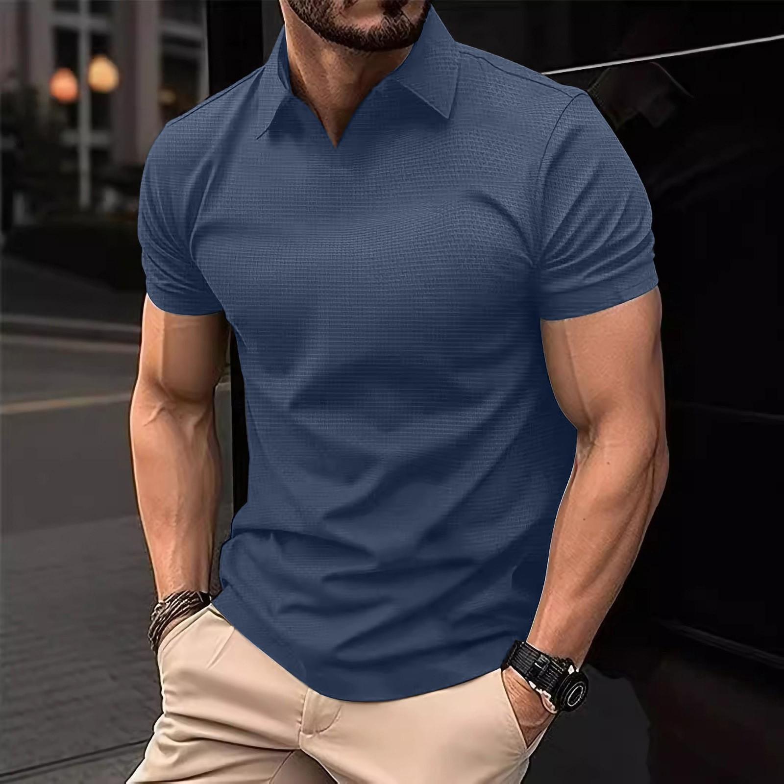 

Men s Summer Sports Fitness Casual V-neck Elastic Texture Short-sleeved T-shirt XXL Темно-синій