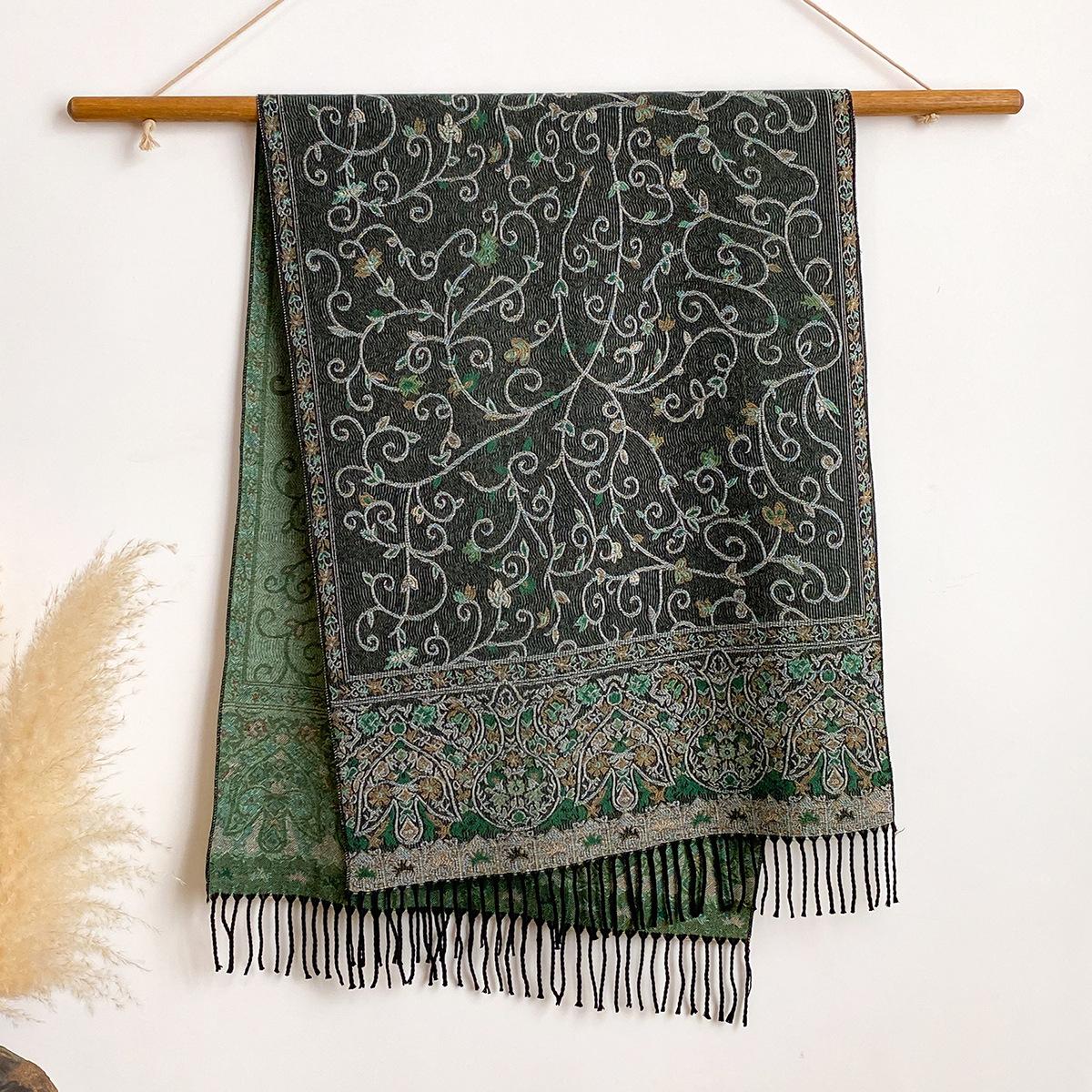 

Цветочный этнический шарф женский высококачественный длинный шарф универсальная ретро бахрома шаль осень и зима 200x65cm зелёный