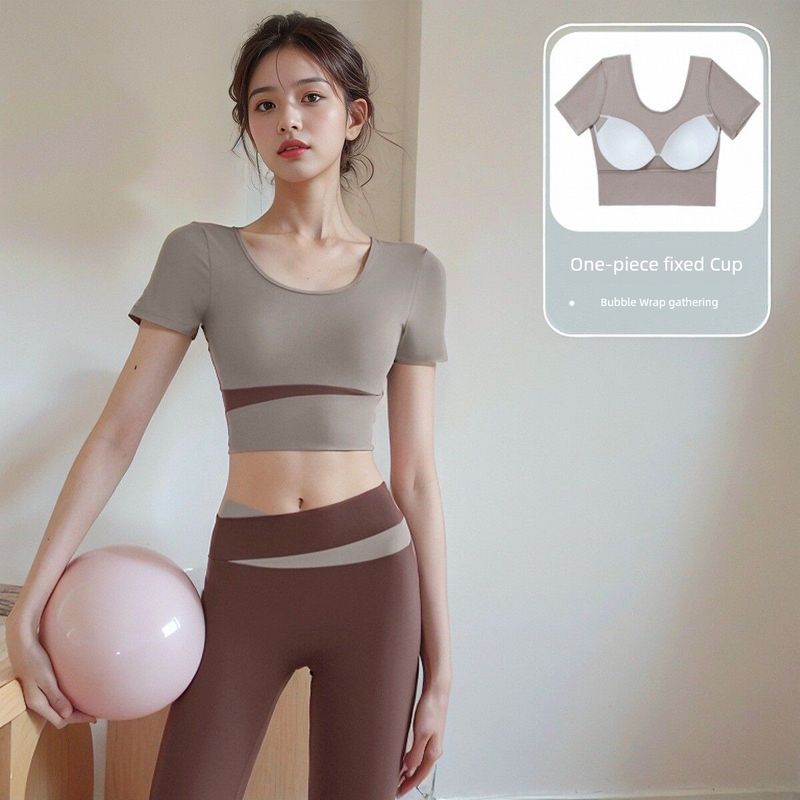 

Одежда для йоги Топы с коротким рукавом Женский цельный топ с чашками Пузырчатая пленка Минималистичная цветовая гамма Необычная одежда для пилатеса Фитнес Бег Спортивная одежда Milk tea gray short sleeve [One Cup]] S