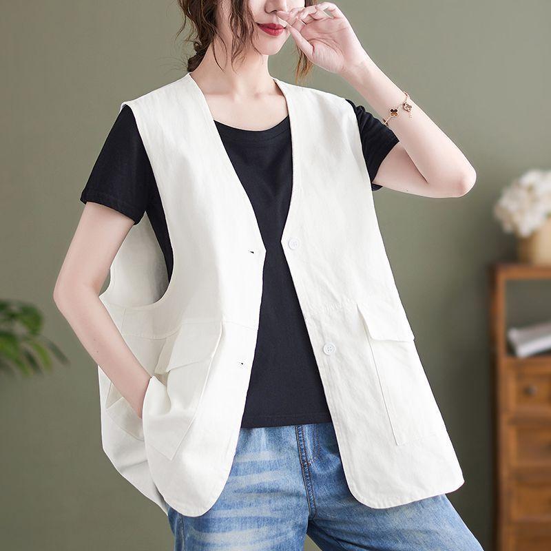 Women s Cotton-Linen Vest Spring and Summer V-Neck Loose Cardigan Vest Top M абрикосовый