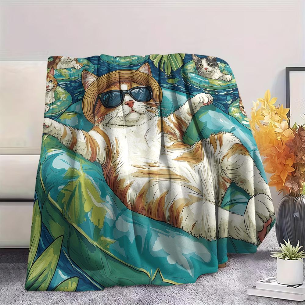 Cats with Swim Rings  Print Flannel Blanket, High quality Comfortable for All Seasons, Home Decor, Warmth and Comfort