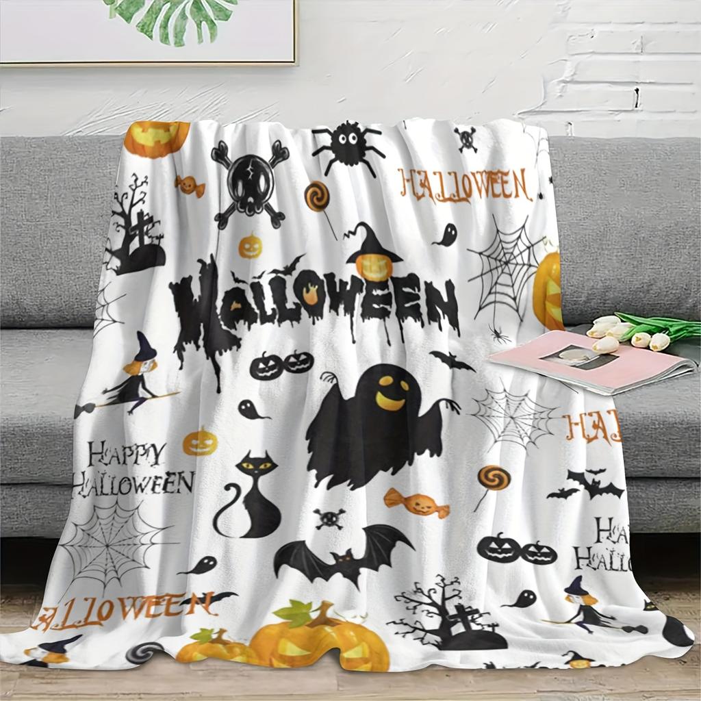 1pc Halloween Blanket - Soft Flannel Throw with Jack-O'-Lanterns, Bats, Ghosts, spiders - Black/Orange/White/Gray Halloween Deco