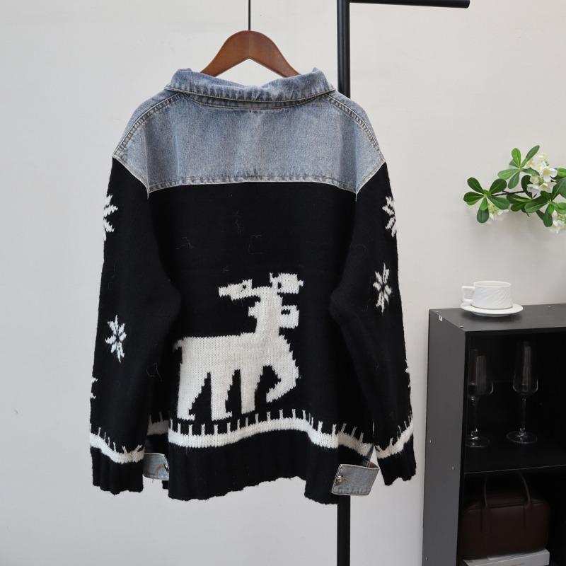 Autumn and winter new splicing denim sweater jacket design sense loose casual knitted cardigan women