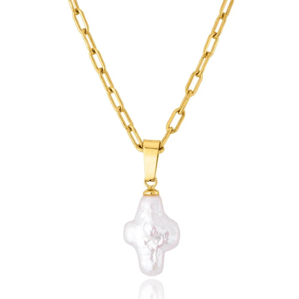 Elegant Irregular Pearl Pendant Cross Necklace for Women Girls Gold Color Chain Natural Stone Wedding Jewelry Gifts 2025 New