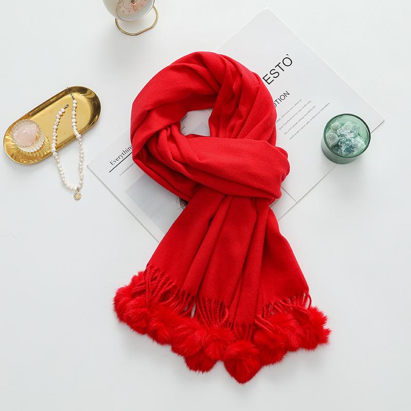 Cashmere Wool Scarf Women's Autumn and Winter High End Solid Color Ball Scarf Versatile Shawl Wool Ball Imitation Cashmere Scarf