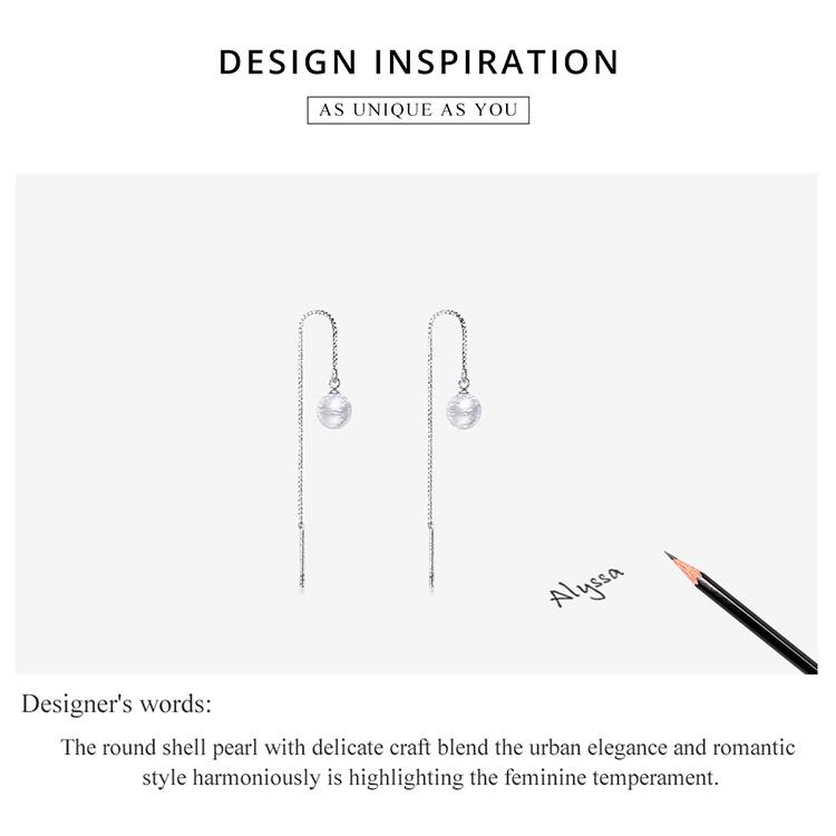 BAMOER 925 Sterling Silver kulaté bílé mušličkové perlové korálky s dlouhým řetízkem visací náušnice pro ženy jemné šperky