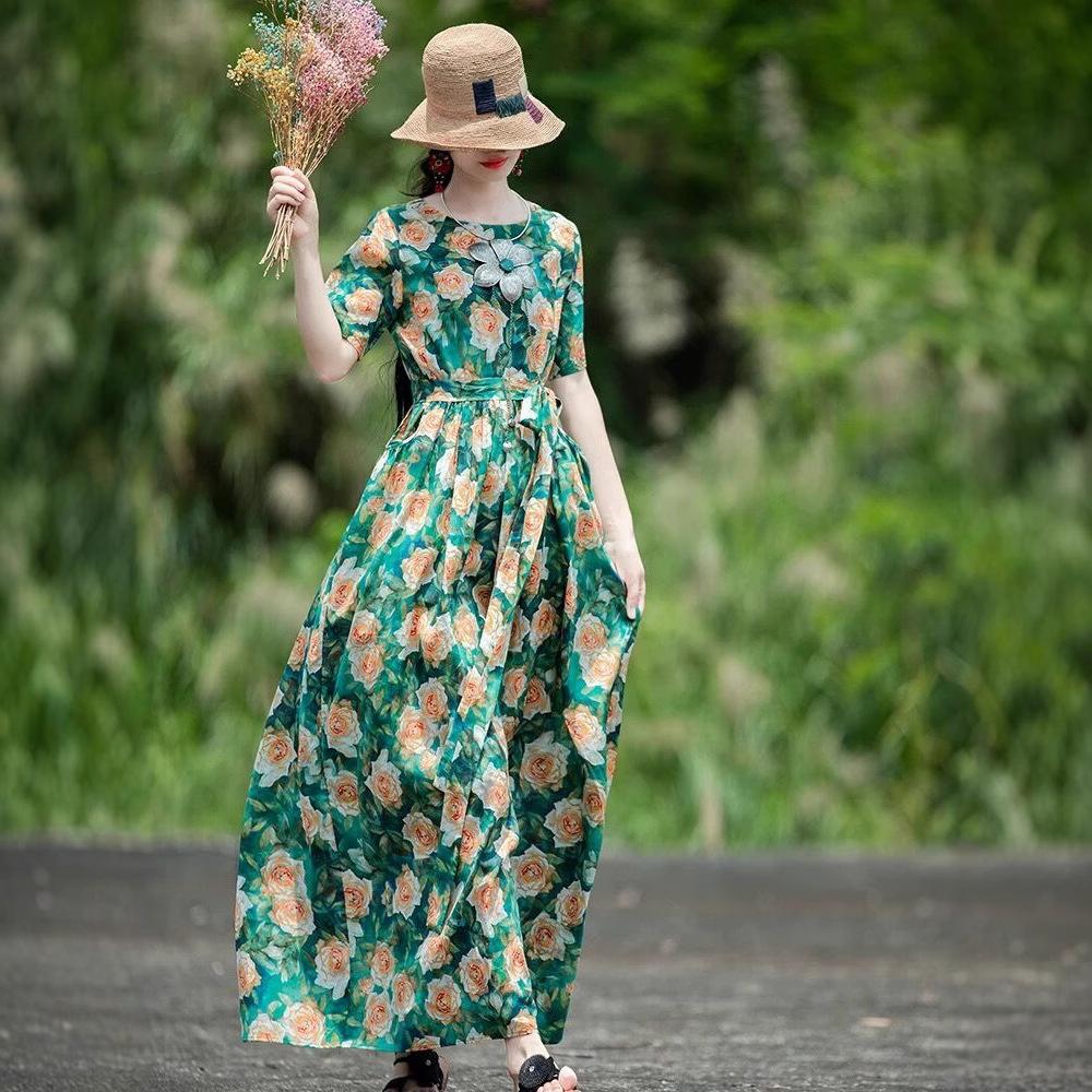 Rochie retro din bumbac și in imprimat pentru vara 2025 pentru femei, nouă, cu talie înșurubată cu șireturi, gât rotund, mâneci scurte, rochie lungă