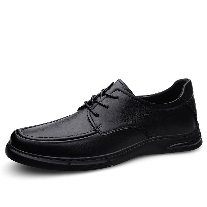 Men's round head first-layer cowhide casual shoes front lace-up flat heel shallow mouth business dress work versatile leather shoes