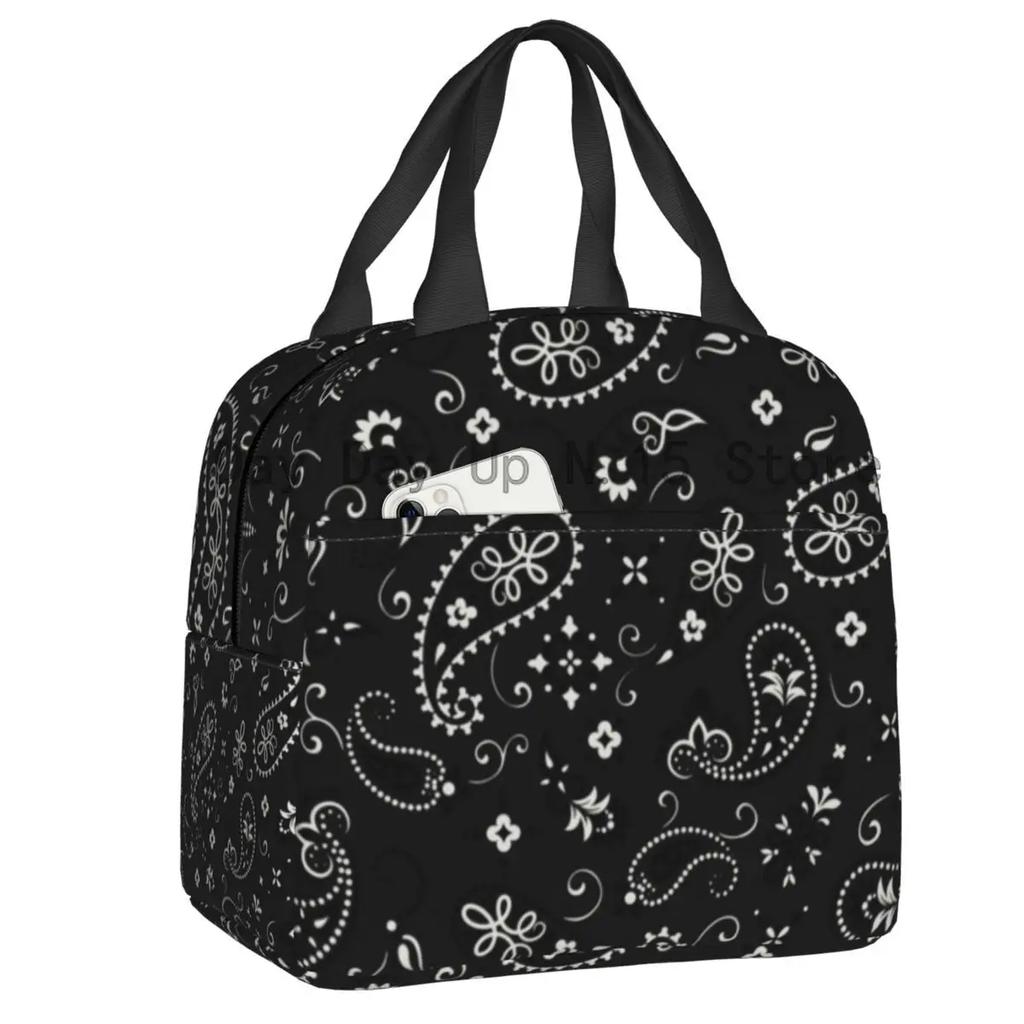 Schwarzweiß Paisley Chicano Bandana Stil Tragbare Lunchbox Damen Wasserdicht Kühler Thermisch Lebensmittel Isoliert Lunchtasche Schule
