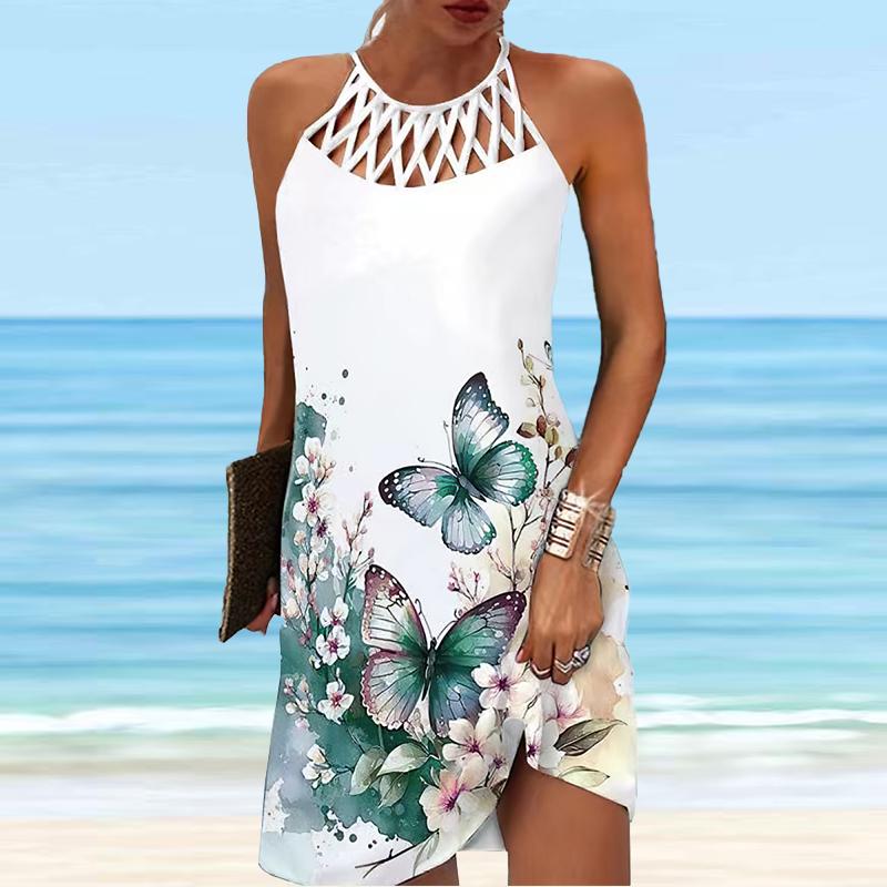 Summer Fashion Sexy Sleeveless Dress Soft Casual 3D Flutter Butterfly Print Dress Sleeveless Sling Dress Summer Suspender Dress