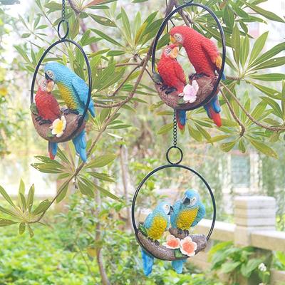 Iron Circle Double Parrot Pendant Resin Cartoon Bird Statue Simulated Cute Animal Sculpture Figurine Outdoor
