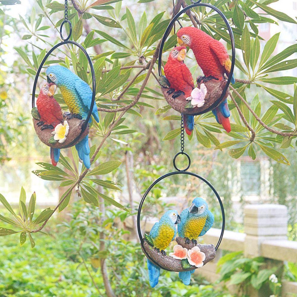 Iron Circle Double Parrot Pendant Cute Animal Sculpture Figurine Crafts Bird Statue  Lawn