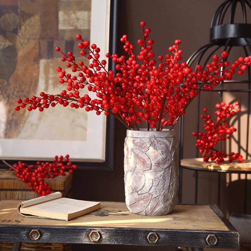 Artificial Red Berry with Stem 6 Branches Holly Berries Simulation Fake Flower