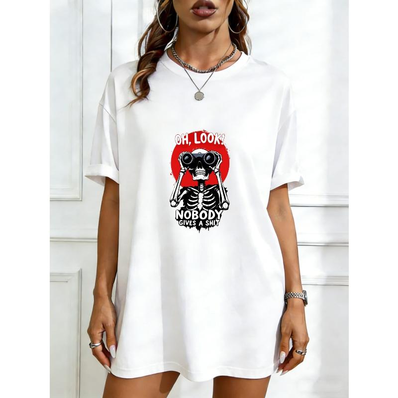 Oversized T-Shirt Black Skeleton With Binoculars Oh Look Nobody Gives A Shit Print Casual Streetwear For Women XXXXL белый