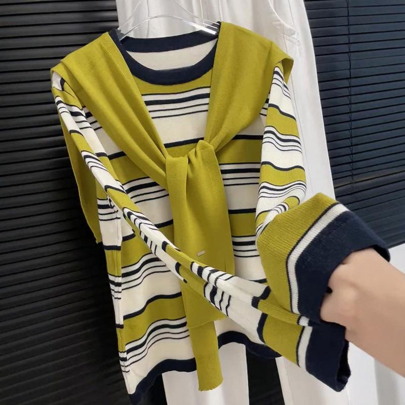 Shawl Striped Crew Neck Bottom Shirt Long Sleeve Sweater Comfortable Pullover Autumn and Winter Skinny Knitted Sweater