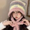 Plush Fluffy Cat Ear Knitted Hat Women Winter Thicken Keep Warm Cute Hair Ball Stripe Ear Protection Beanies Hats Pullover Cap