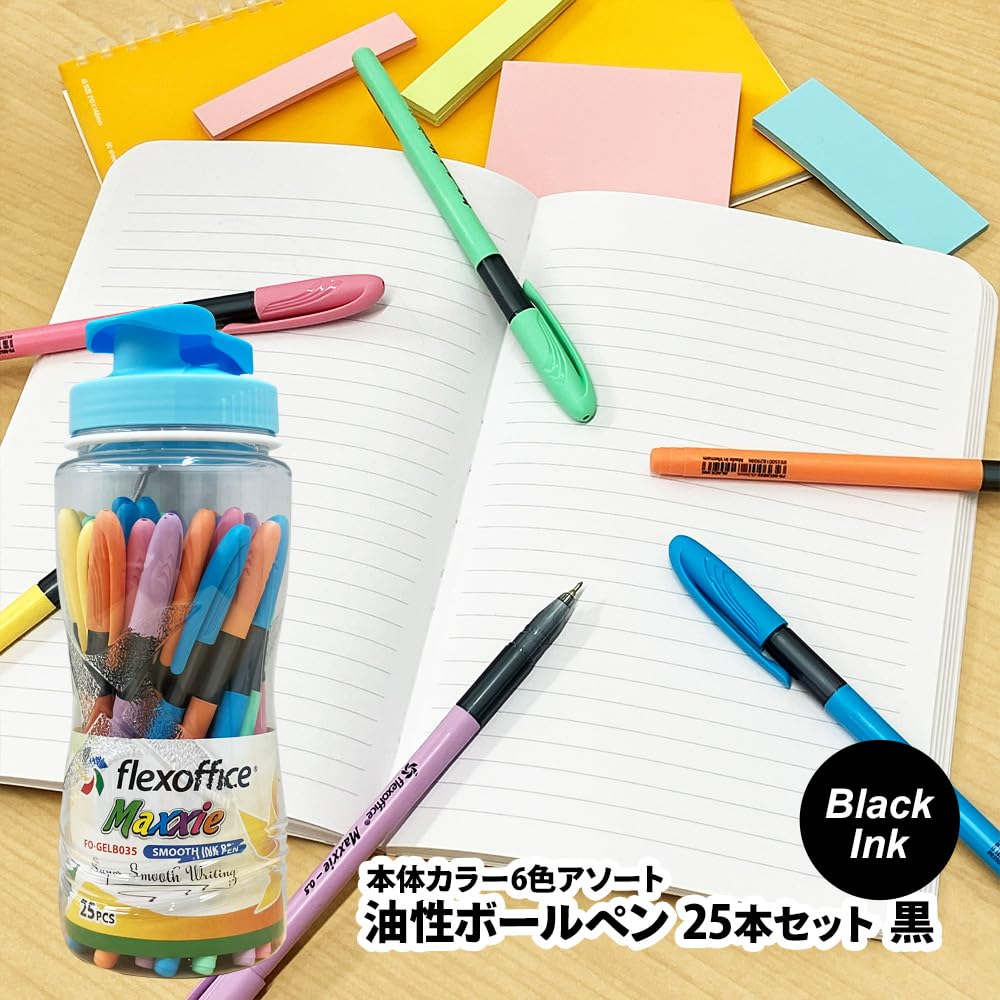 Flexoffice Smooth Ballpoint Black 6 Colors for School and Office Use Oil-Based Pens, 25-Piece Set, Ink, 0.5mm, (Blue, Green, Yellow, Pink, Orange,