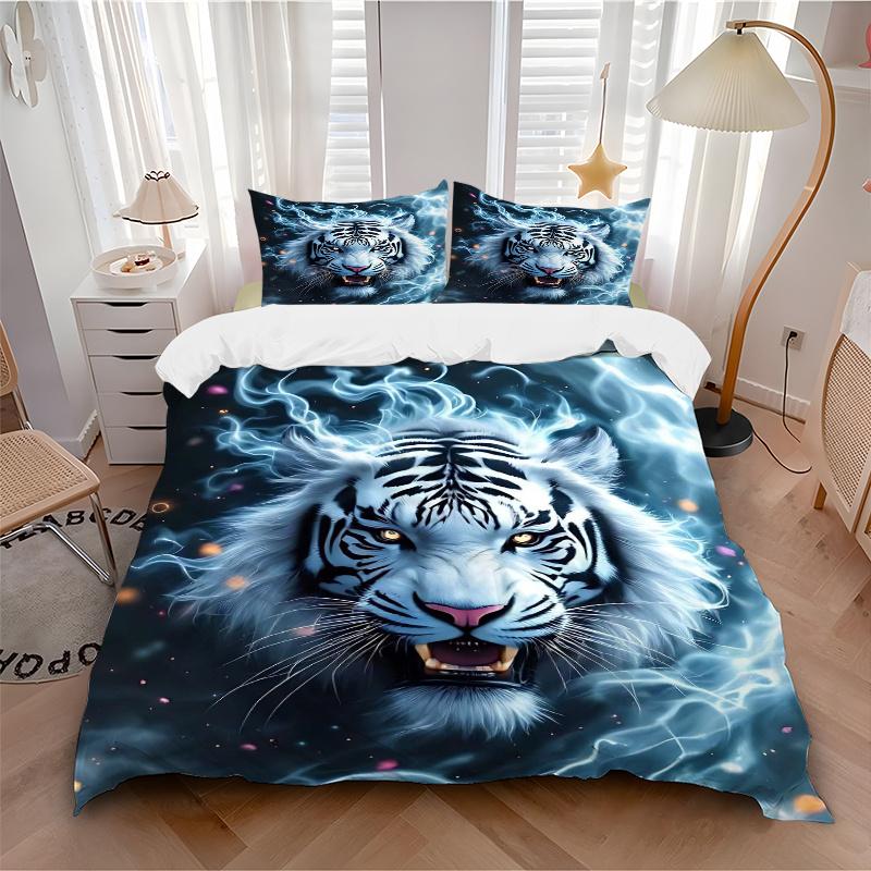 3pcs Flaming White Tiger Printed Bedding Set, Soft and Comfortable Quilt Cover for Bedroom, Guest Room (1 Duvet Cover + 2 Pillowcases, Pillow Cor